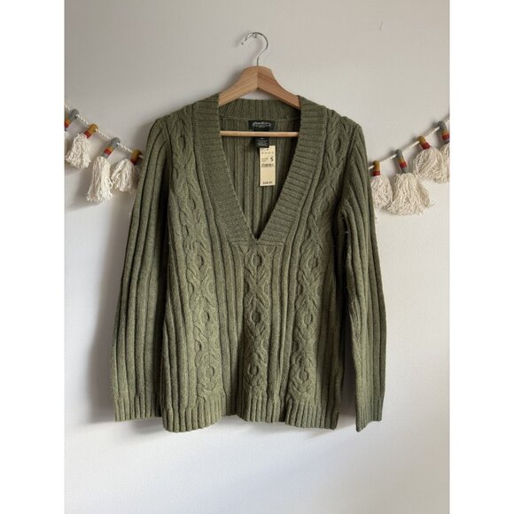 Vintage Eddie Bauer Wool Green Fisherman Cable Knit Sweater Old Money Y2k NWT S - Picture 1 of 8